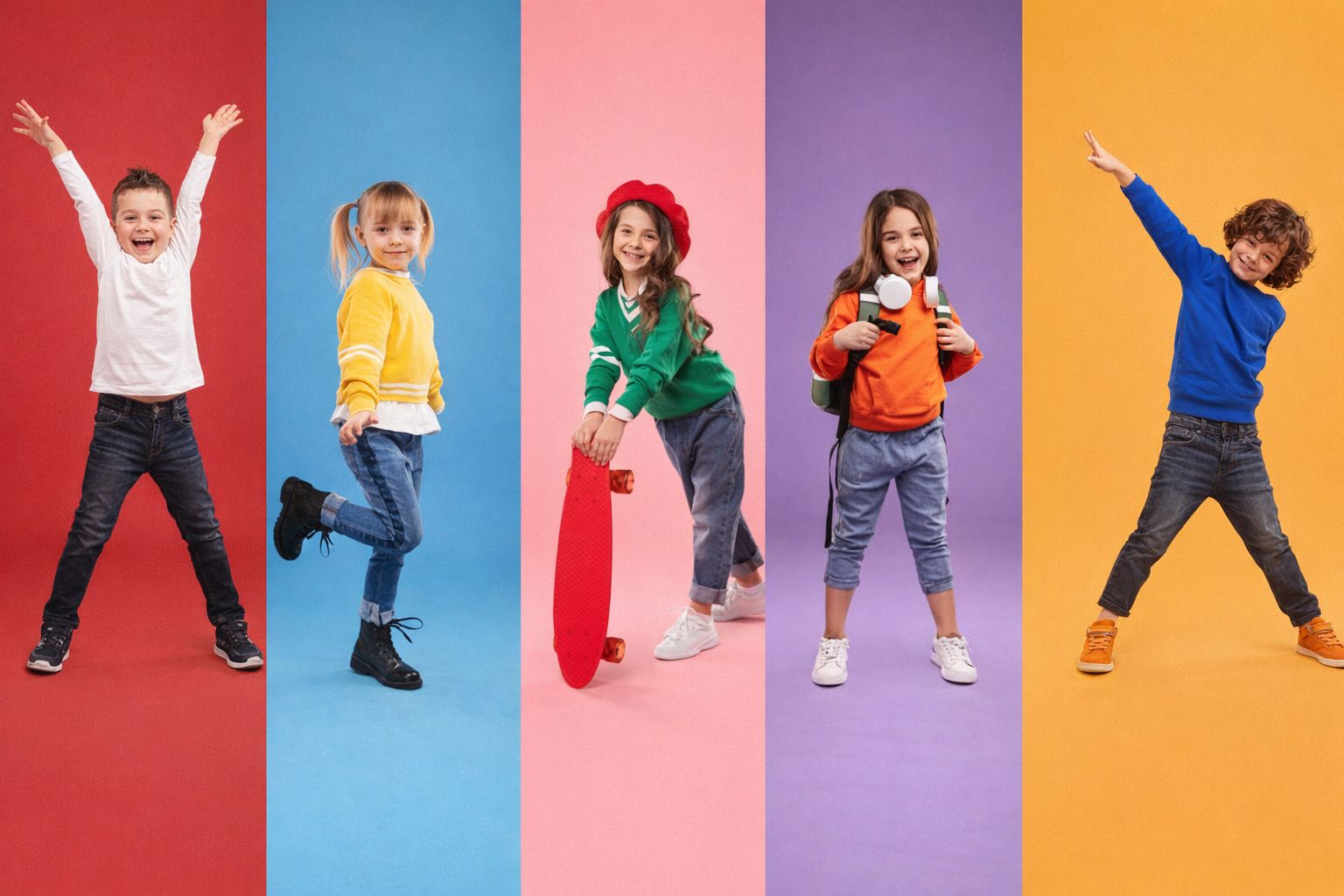 Pięcioro uśmiechniętych dzieci w różnych stylizacjach, na kolorowym tle.