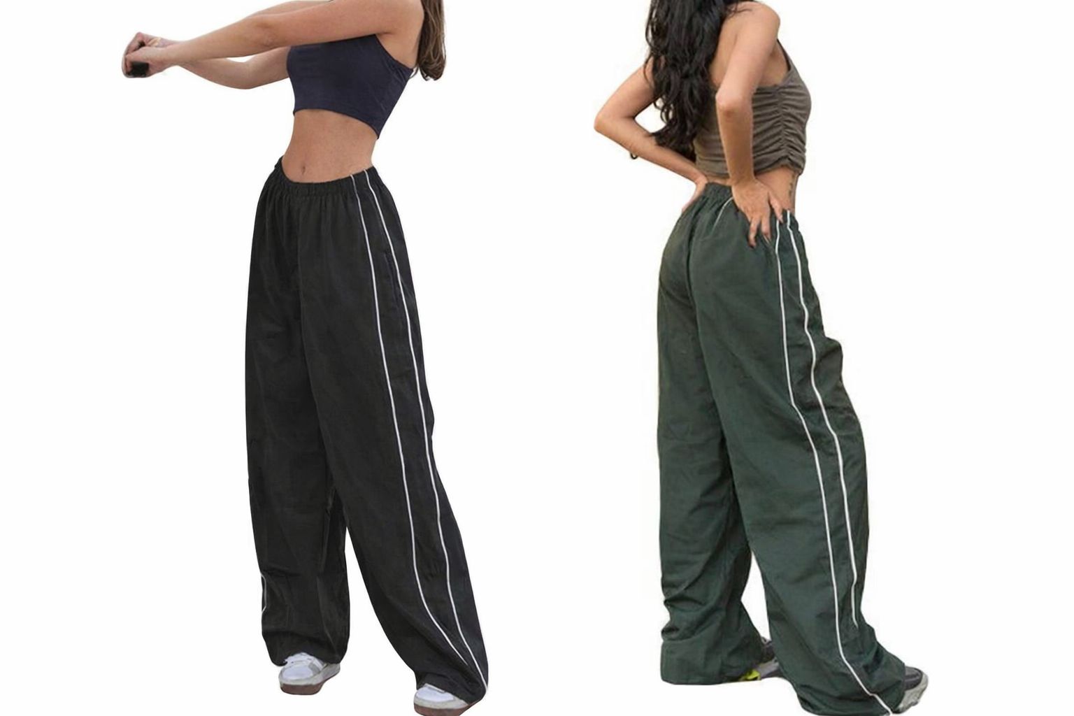 Dwie modelki w szerokich spodniach dresowych z lampasami w stylu streetwear.